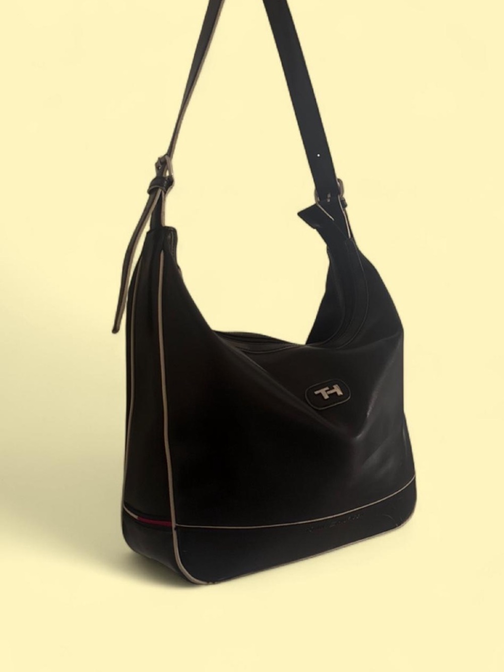 Tommy Hilfiger Black Leather Shoulder Hobo with Contrast Piping